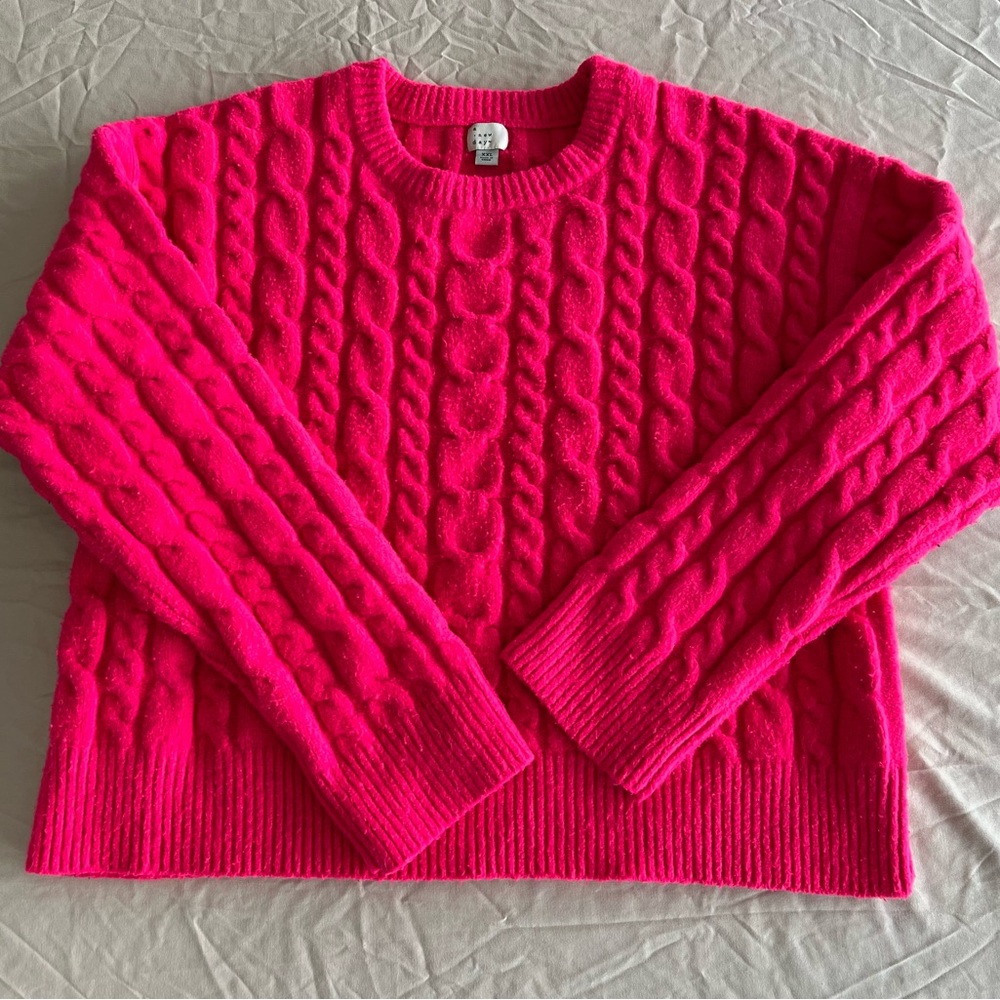 Vibrant Pink Crew Neck Cable Knit Sweater